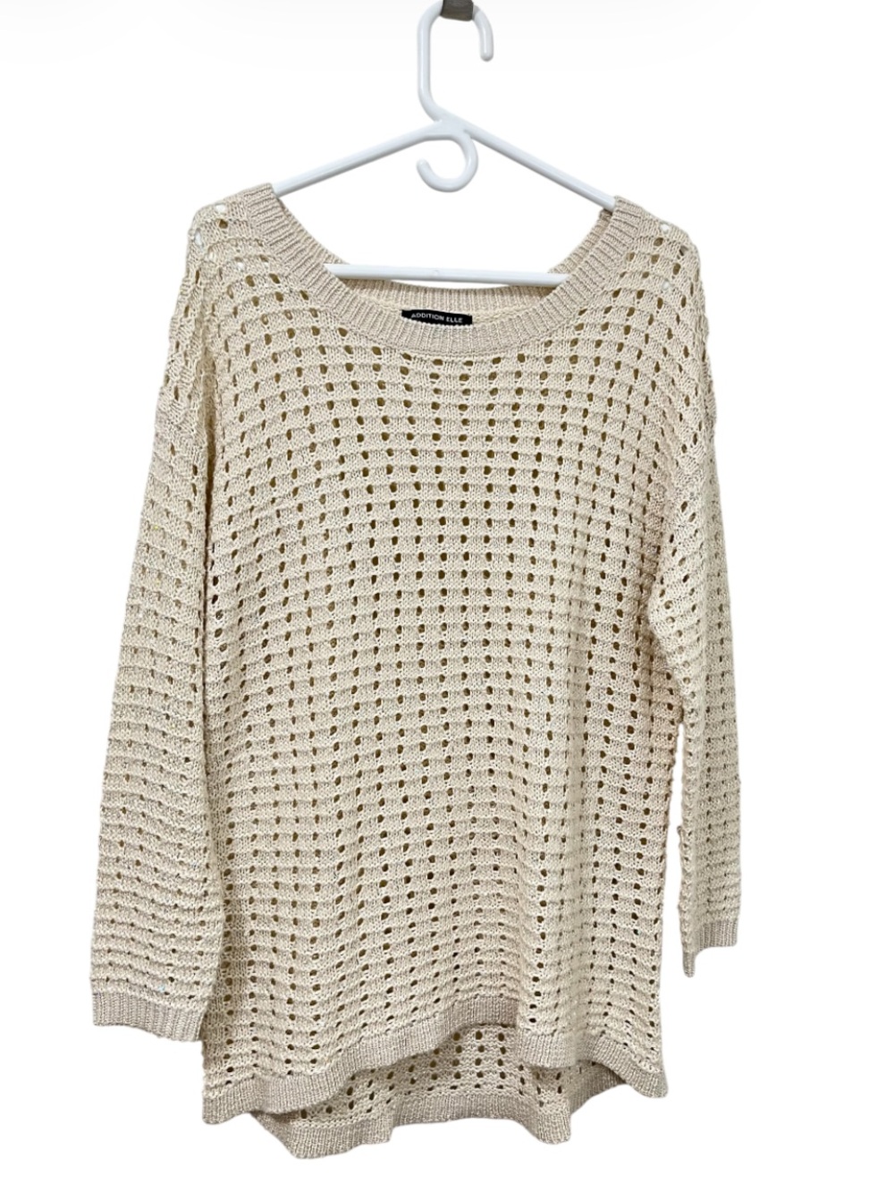 Addition Elle Open-Weave Crewneck Sweater - Cream With Sparkle Sequins